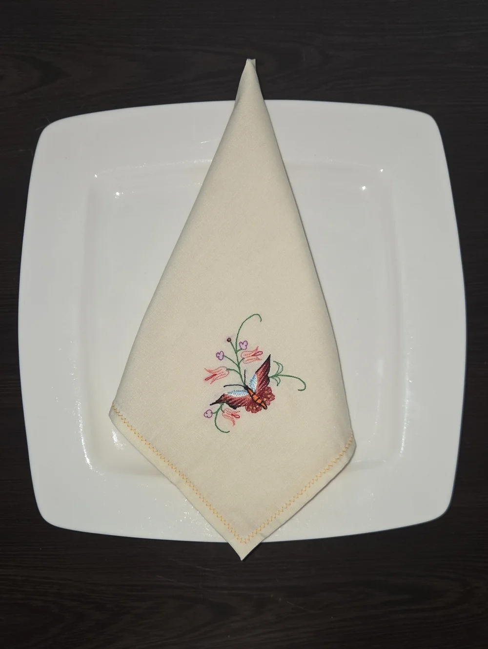 Embroidered Butterfly Cotton Napkin - Cream
